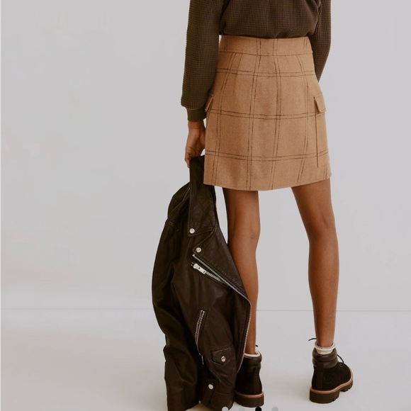 Madewell Zip-Front Wool Blend Mini Skirt Windowpane print Tan Size 8 Pockets - Picture 3 of 13